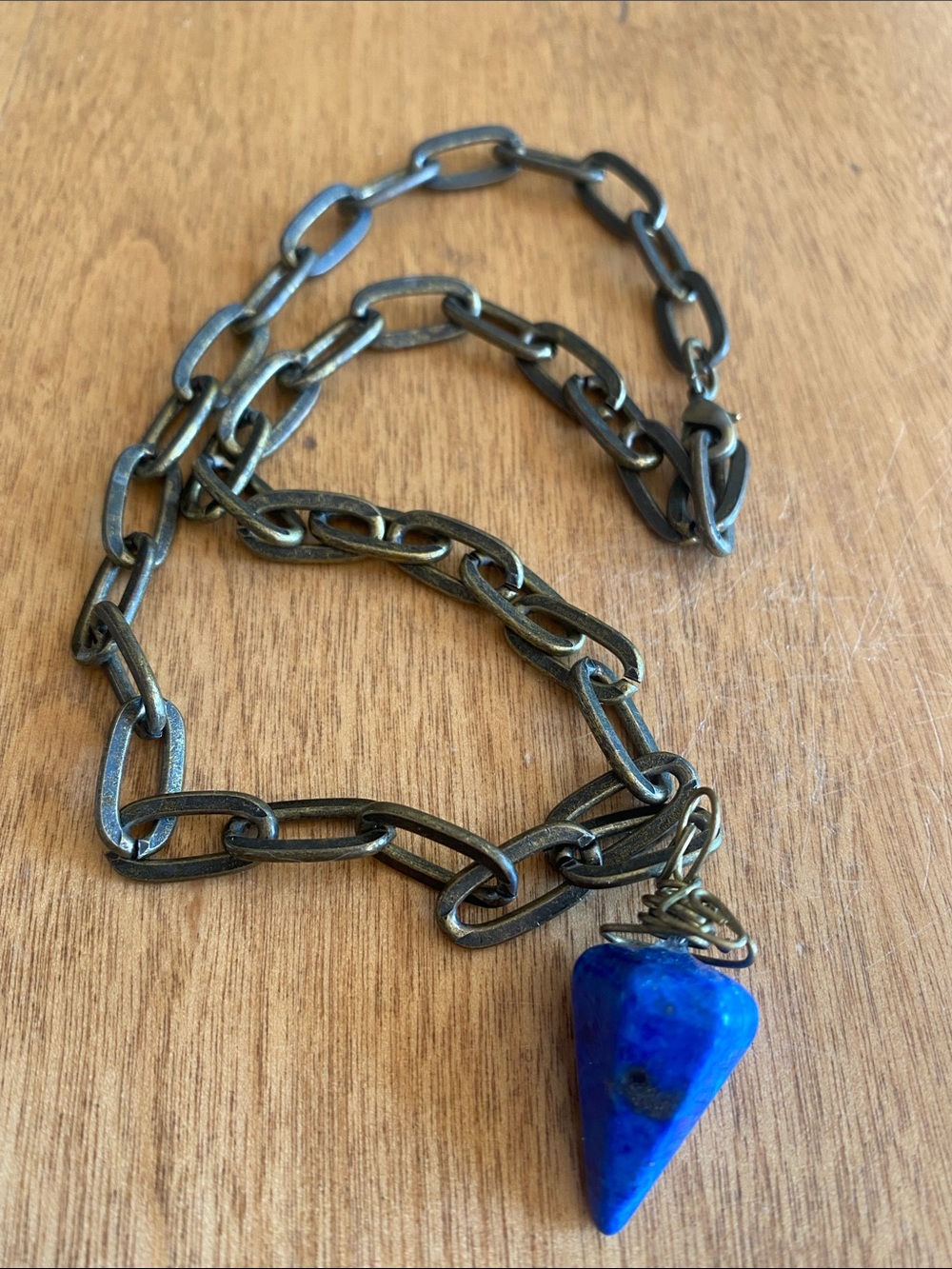 Brass chunky chain and blue stone pendant
